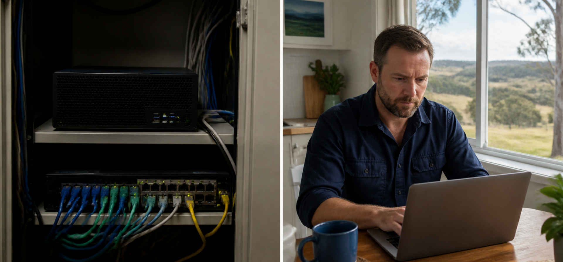 Cloud vs on-premise server: an office server in a comms cupboard beside an owner working on a laptop at home